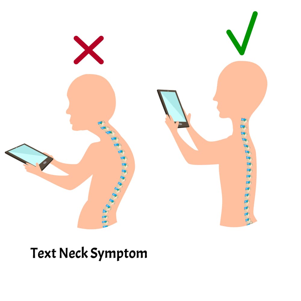 Illustration comparing poor posture causing text neck symptoms on the left and correct posture on the right while using a tablet, emphasizing spinal alignment and ergonomic practices.