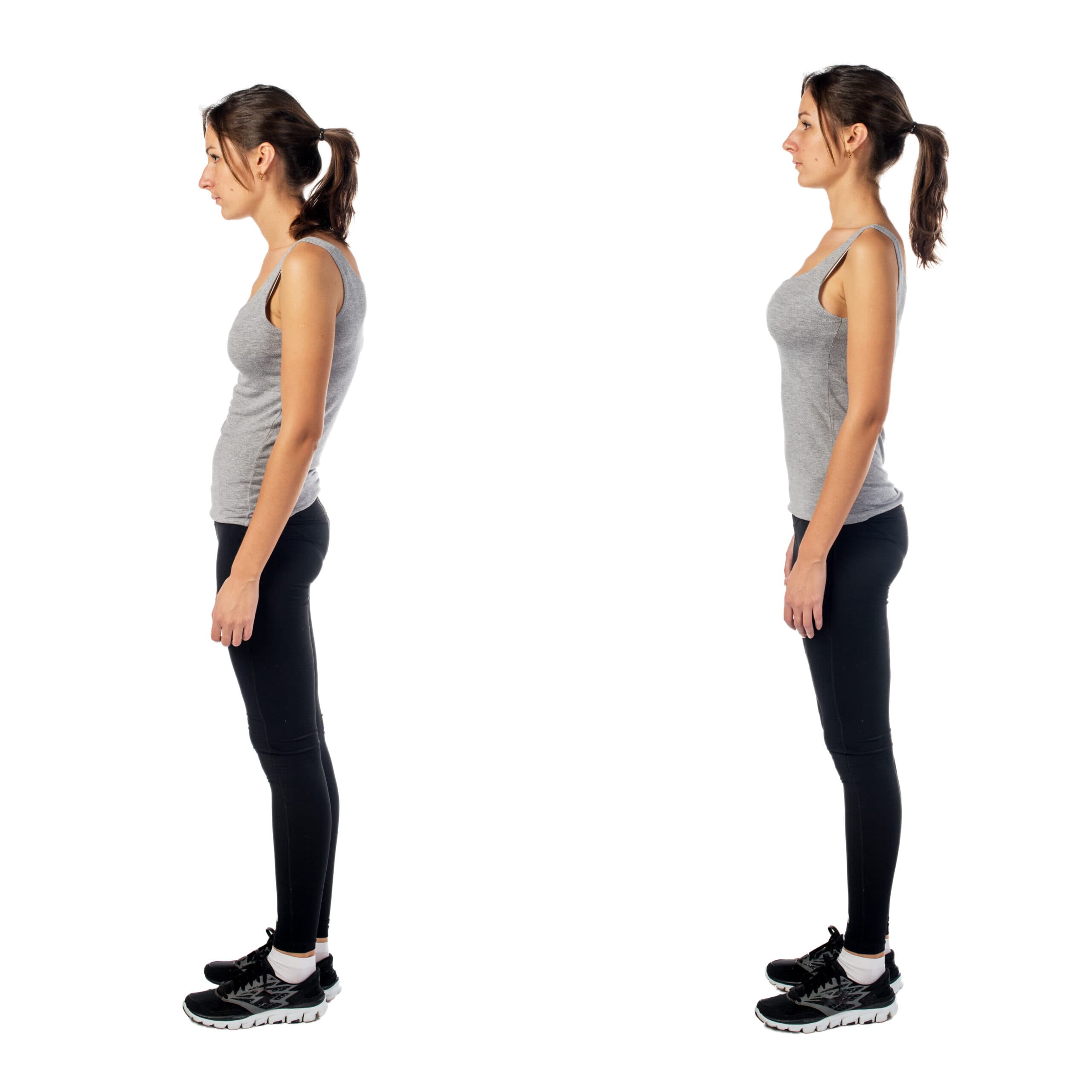 Woman demonstrating correct and incorrect posture side by side, highlighting the effects of sedentary lifestyles on spinal alignment and musculoskeletal health.
