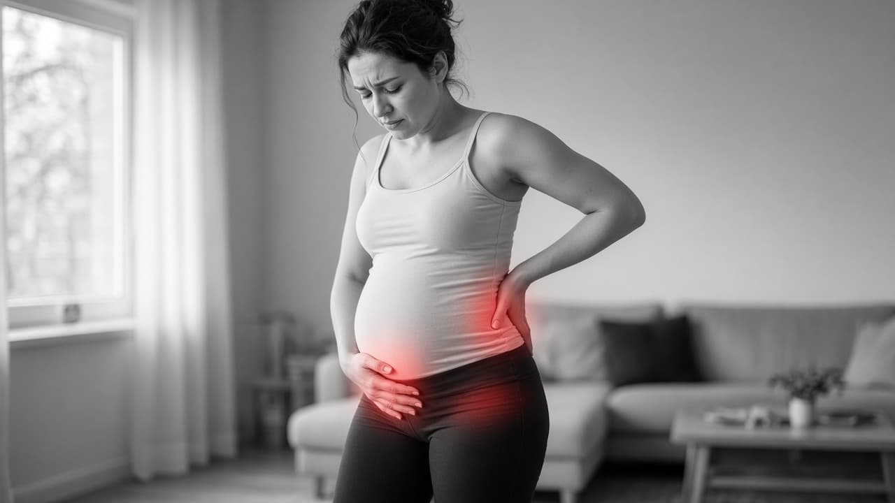 Pregnant woman at home holding her pelvic girdle where pregnancy pelvic girdle pain hurts
